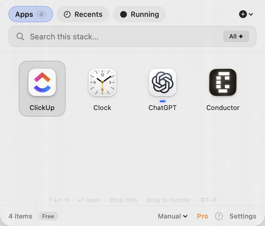 ClutterDock launcher on Mac — Apps stack with grid of apps and search