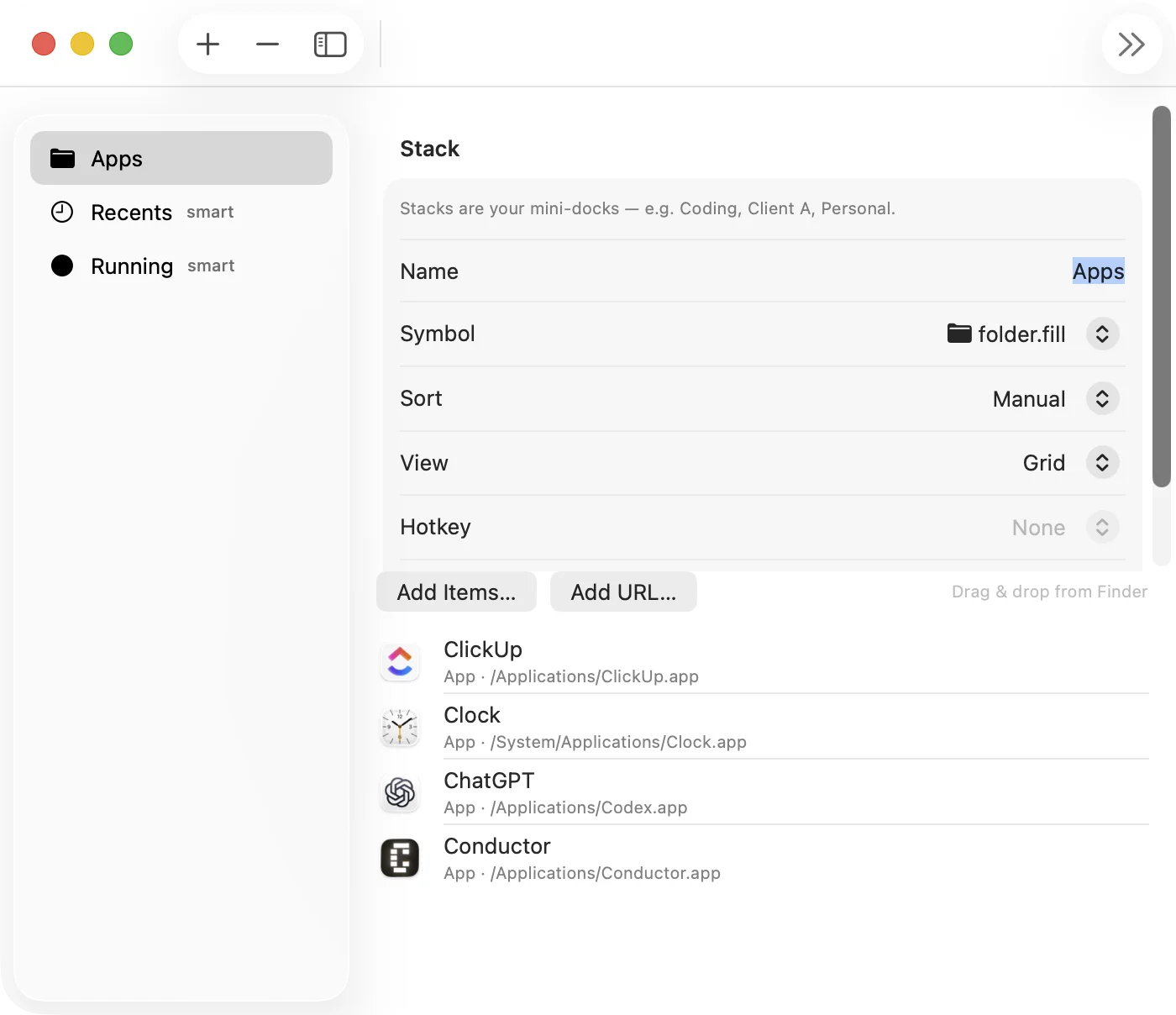 ClutterDock Settings window on Mac — stacks and preferences