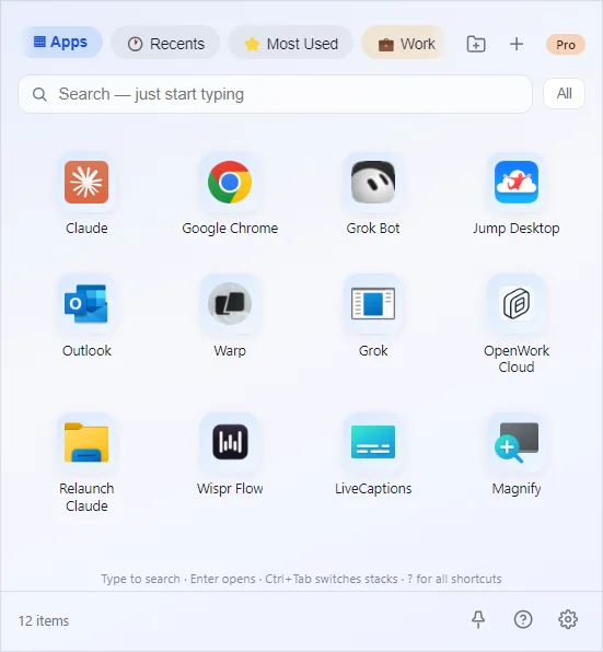 ClutterDock launcher on Windows — stacks of real apps with search, colored tabs, and Most Used